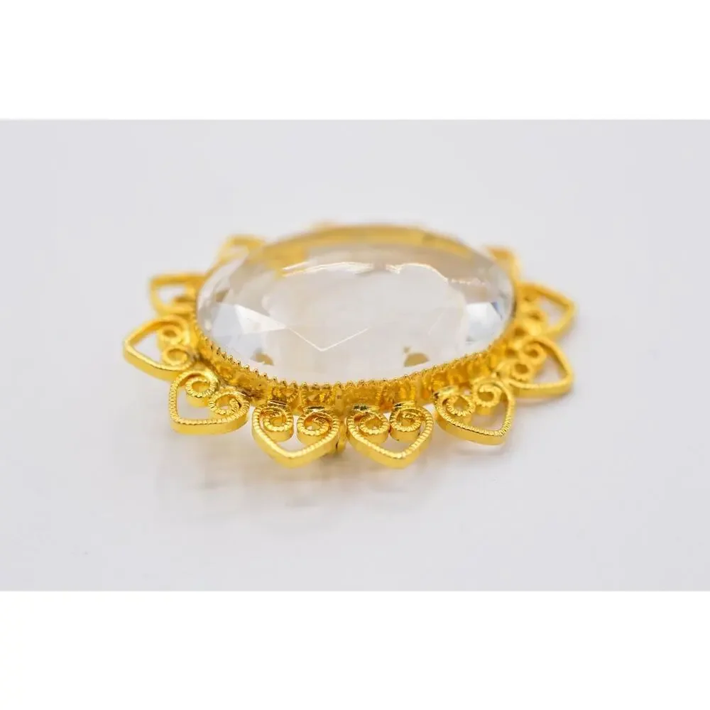 Vintage Cameo Pin Brooch Framed Glass Crystal Clear Oval Gold Tone 1980s 9B